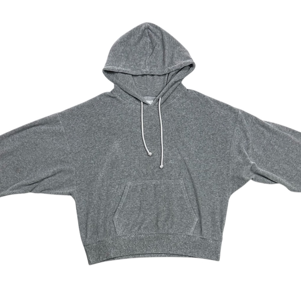 American Eagle Gray Knit Cropped Hoodie Sweater Drawstring Pocket Women’s M - Picture 5 of 8